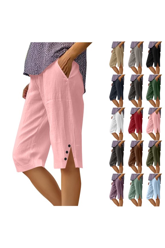 Plus Size Capri Pants for Women 2025 Knee Length Cotton Linen Capris Summer Straight Leg Loose Button Side Slit Beach Bermuda Shorts with Pocket Green XXXXL
