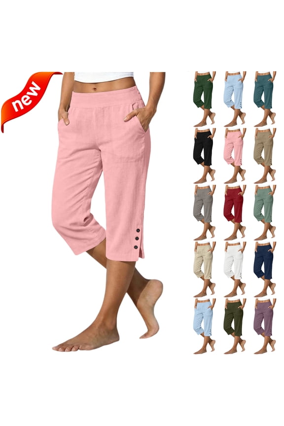 Plus Size Capri Pants for Women 2026 Knee Length Cotton Linen Capris Summer Straight Leg Loose Button Side Slit Beach Bermuda Shorts with Pocket