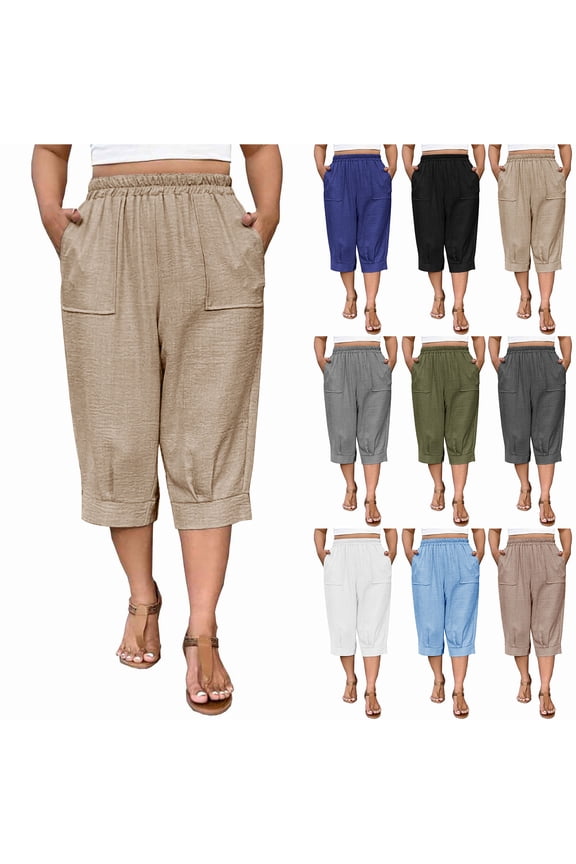 Plus Size Capri Pants Womens Summer Palazzo Harem Capris Pants Drawstring Lantern Beach Pant Ankle Vacation Cropped Pant with Pocket Dark Gray S