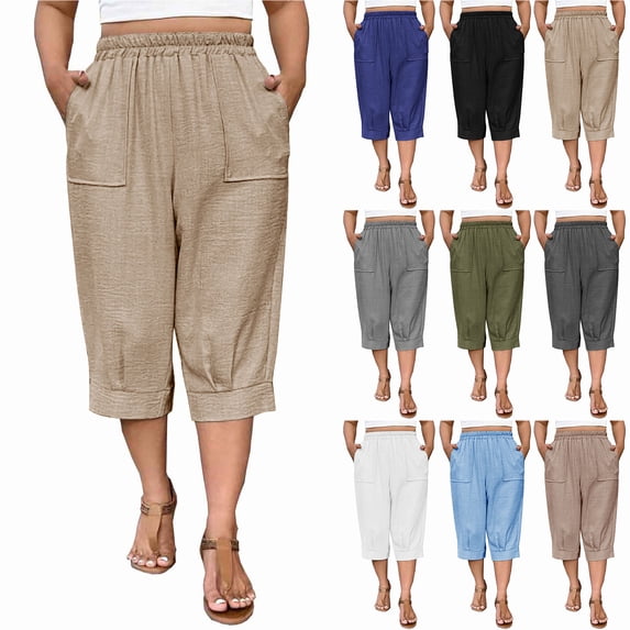 Bloomae Plus Size Capri Pants Womens Summer Palazzo Harem Capris Pants Drawstring Lantern Beach Pant Ankle Vacation Cropped Pant with Pocket White XL