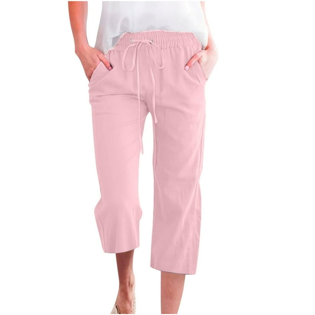 Bloomae Plus Size Capris Pants for Women Lightweight Cotton Linen Casual Summer 2025 Straight Wide Leg Loose Drawstring Elastic High Waist Cropped Trouser with Pockets A-Pink L