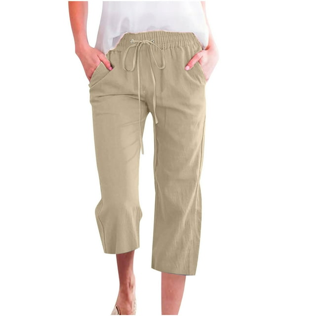 Bloomae Plus Size Capris Pants for Women Lightweight Cotton Linen Casual Summer 2025 Straight Wide Leg Loose Drawstring Elastic High Waist Cropped Trouser with Pockets A-Beige XXXXL