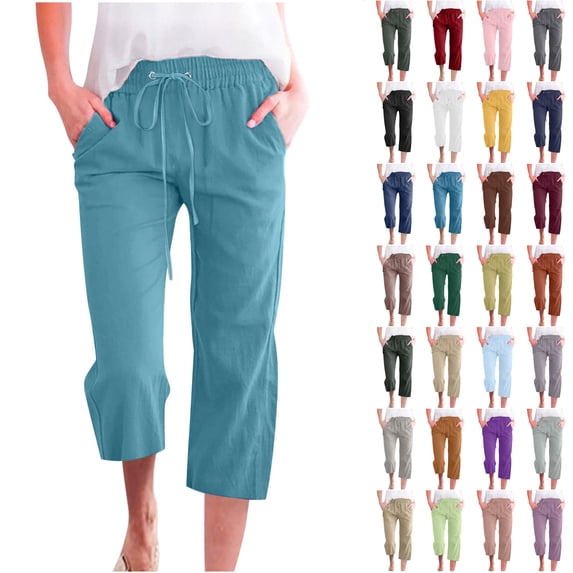 Bloomae Plus Size Capris Pants for Women Lightweight Cotton Linen Casual Summer 2026 Straight Wide Leg Loose Drawstring Elastic High Waist Cropped Trouser with Pockets