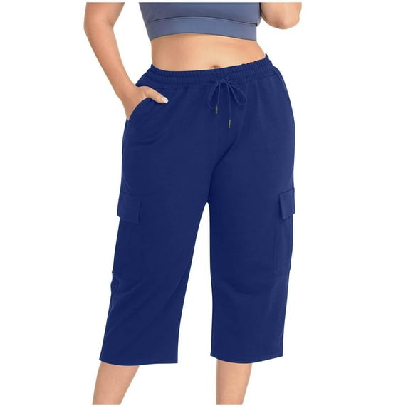 Bloomae Plus Size Cargo Capris for Women Casual Drawstring Capris Pants with Pockets Lightweight Quick Dry Hiking Pants Travel Pants Blue XXXXXL