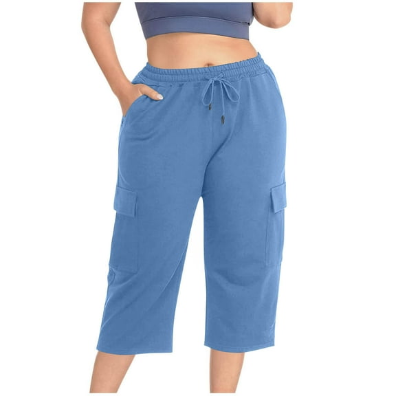 Bloomae Plus Size Cargo Capris for Women Casual Drawstring Capris Pants with Pockets Lightweight Quick Dry Hiking Pants Travel Pants Light Blue XXL