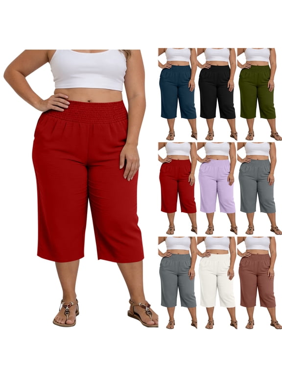 Plus Size Flare Yoga Capri Pants for Women Loose Wide Leg Capris with Side Pockets Dressy Smoked Elastic High Waistband Tummy Control Workout Cropped Pants Purple XXL