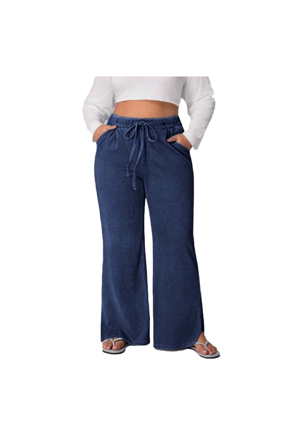 Plus Size Jeans for Women Trendy Stretchy Drawstring Elastic High Waisted Side Slit Casual Loose Wide Leg Denim Pants with Pockets Navy XXXL