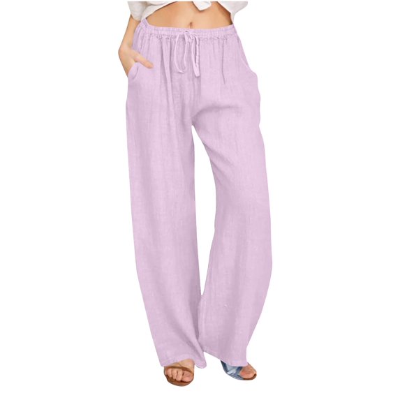 Bloomae Plus Size Linen Pants Women Summer Wide Leg Pants Lightweight Drawstring Elastic Waist Pants High Waisted Cotton Lounge Pants Casual Beach Trousers with Pockets A-Purple#01 XL