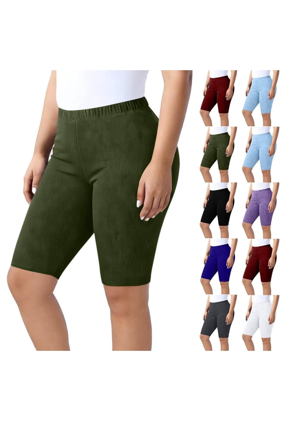 Plus Size Ribbed Knit Bermuda Biker Shorts for Women High Waist Pull On Stretch Basic Solid Color Athletic Workout Leggings Ladies Knee Length Lounge Bottoms Black XXL