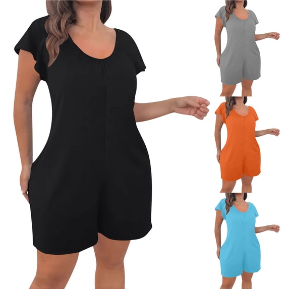 Bloomae Plus Size Rompers for Women Summer Casual Short Sleeve Jumpsuits V Neck Wide Leg Loose Fit One Piece Shorts Outfits with Pockets 2026 Clothes Gray L