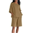 thumbnail image 1 of Bloomae Plus Size Women Two Piece Lounge Shorts Sets Lightweight Casual 3/4 Length Sleeve V Neck Shirts and Drawstring Short Pants Soft Cotton and Linen Outfit Clothes 2025 Khaki S, 1 of 9
