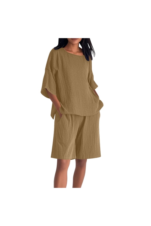 Plus Size Women Two Piece Lounge Shorts Sets Lightweight Casual 3/4 Length Sleeve V Neck Shirts and Drawstring Short Pants Soft Cotton and Linen Outfit Clothes 2025 Khaki XXXXL