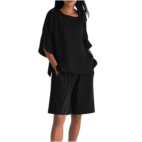 Bloomae Plus Size Women Two Piece Lounge Shorts Sets Lightweight Casual 3/4 Length Sleeve V Neck Shirts and Drawstring Short Pants Soft Cotton and Linen Outfit Clothes 2025 Black XXXL
