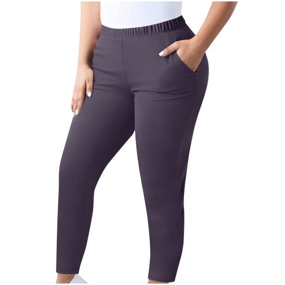 Bloomae Plus Size Women Yoga Pants Stretch Slim Fit Basic Solid Color Tummy Control Workout Leggings Elastic Waist Casual Summer Ladies Pull On Trousers with Pockets Navy XXL