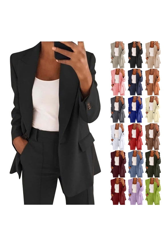 Plus Size Women's Two Piece Sets Pants Suits Dressy Business Casual Long Sleeve Notched Lapel One Button Jacket Outfits Professional Blazer Pantsuits Set Work Office A-Blue#01 L