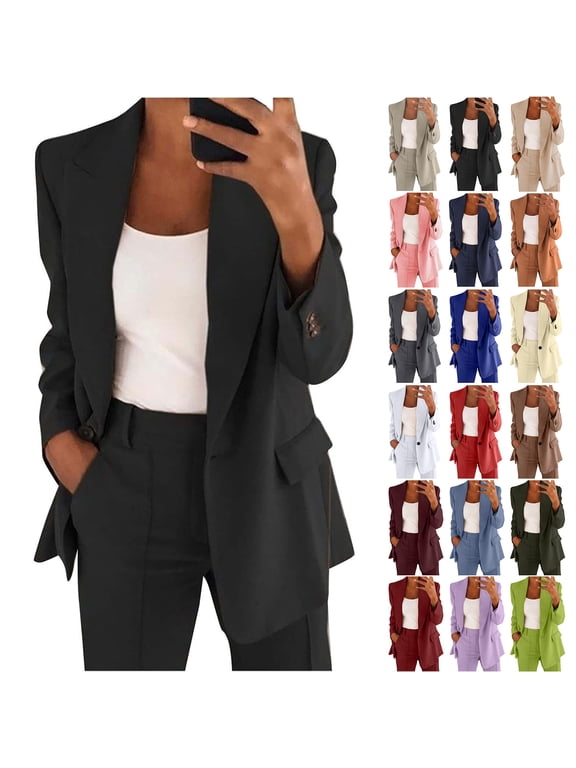 Plus Size Women's Two Piece Sets Pants Suits Dressy Business Casual Long Sleeve Notched Lapel One Button Jacket Outfits Professional Blazer Pantsuits Set Work Office A-Navy XXXL