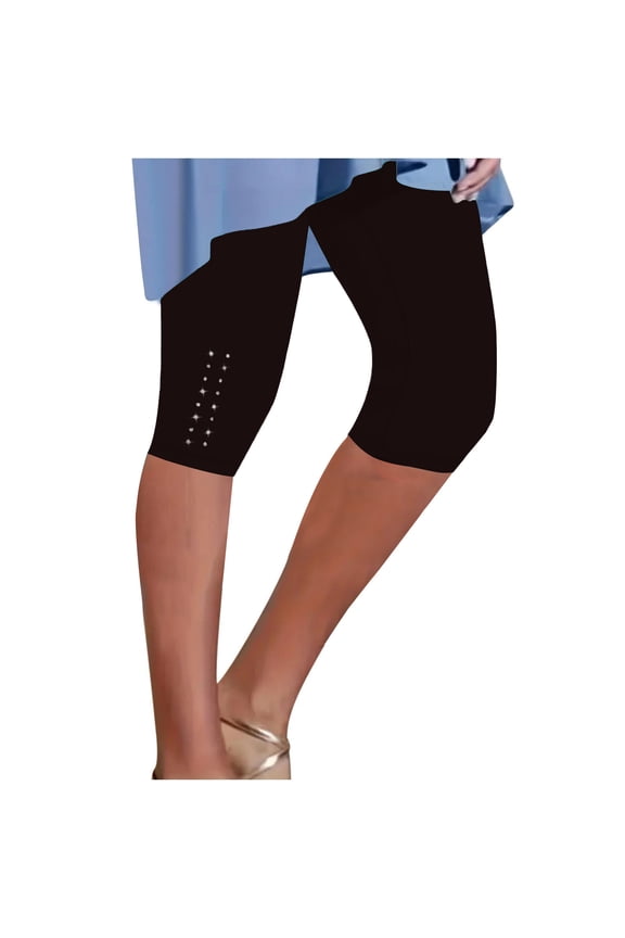 Plus Size Womens Rhinestone Capri Leggings Lightweight High Waisted Cropped Pants Trendy Stretch Workout Compression Yoga Pants Black XXL