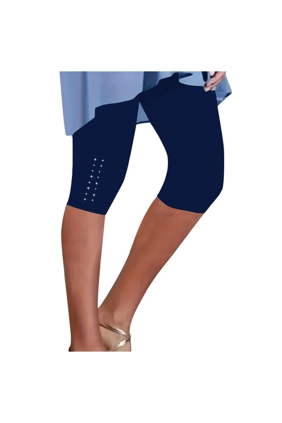 Plus Size Womens Rhinestone Capri Leggings Lightweight High Waisted Cropped Pants Trendy Stretch Workout Compression Yoga Pants Navy XL