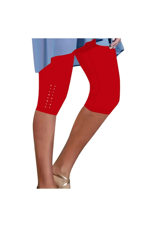 Plus Size Womens Rhinestone Capri Leggings Lightweight High Waisted Cropped Pants Trendy Stretch Workout Compression Yoga Pants Red M