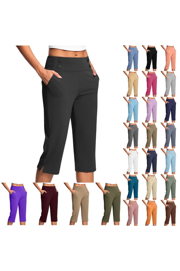 Plus Size Work Pants for Women Summer High Waisted Stretchy Capris Dressy Casual Side Slit Golf Capri Pants Pull On Slacks with Pockets & Button Decor A-Navy XXL
