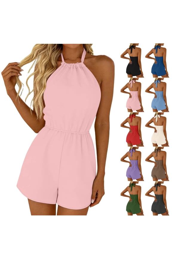Rompers for Women Casual Adjustable Tie Knot Halter Neck Backless Summer Trendy Solid Color Beach Dressy Short Romper Dresses with Pockets Pink S