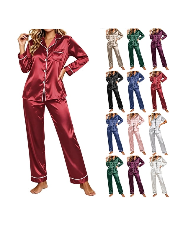 Satin Silk Pajamas for Women Sets 2 Piece Button Down Pjs Casual Long Sleeve Button up Collared Sleepwear Shirts with Chest Pocket and Long Pants Loose Cozy Loungewear for Wedding,Party,Home
