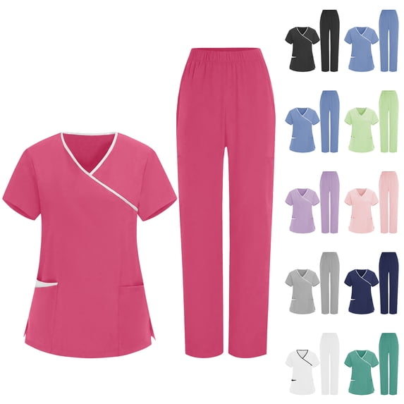 Bloomae Scrubs Set for Women Medical Uniform–Summer Short Sleeve Stretch Wrap V-Neck Top & Straight Leg Pants with Multi-Pockets for Nurse Workwear Light Blue XL