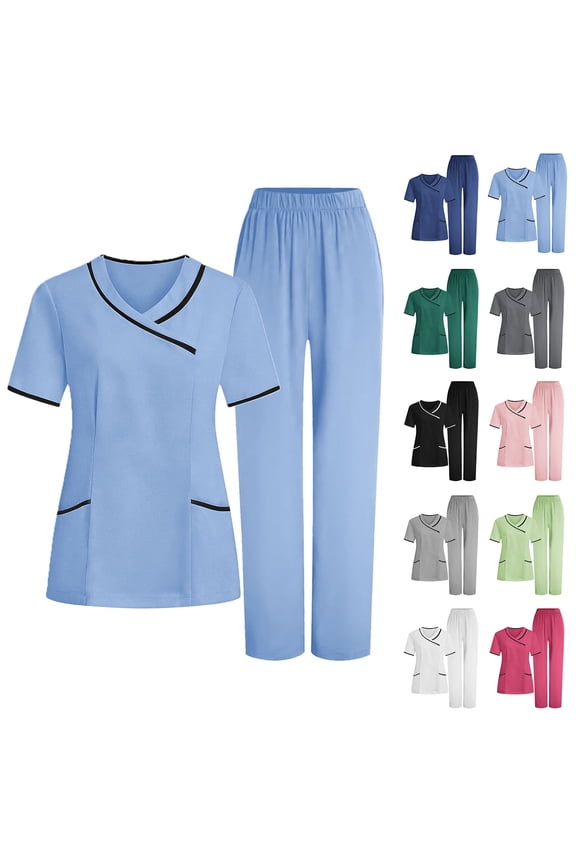 Scrubs for Women Set Casual Short Sleeve Stretch V-Neck Scrub Top & Jogger Pant - Quick Dry Nurse Uniforms Women Set with Multi Pockets Dark Blue XXL
