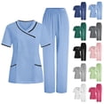 thumbnail image 1 of Bloomae Scrubs for Women Set Casual Short Sleeve Stretch V-Neck Scrub Top & Jogger Pant - Quick Dry Nurse Uniforms Women Set with Multi Pockets Light Blue XXL, 1 of 10