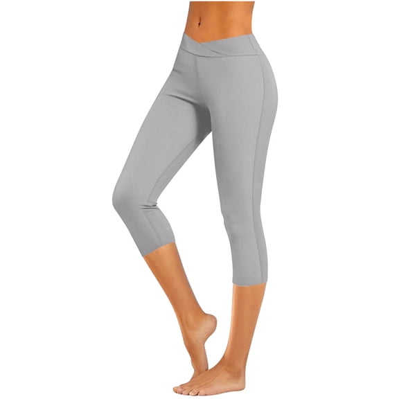 Bloomae Sexy V Cross Waist Capri Leggings for Women- Summer Workout Tummy Control Butt Lift Soft Sports Gym Yoga Pants Tights Gray XL