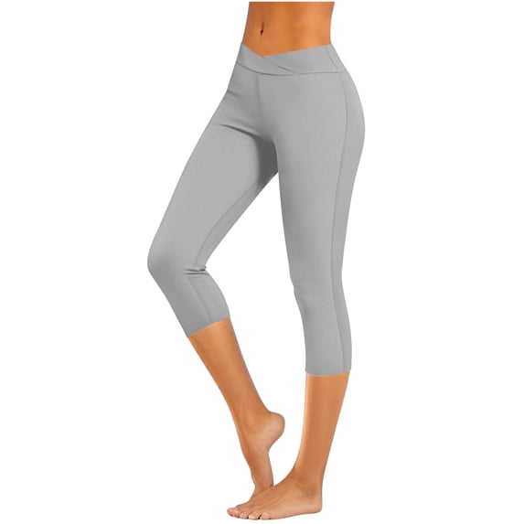 Bloomae Sexy V Cross Waist Capri Leggings for Women- Summer Workout Tummy Control Butt Lift Soft Sports Gym Yoga Pants Tights Gray XXXL