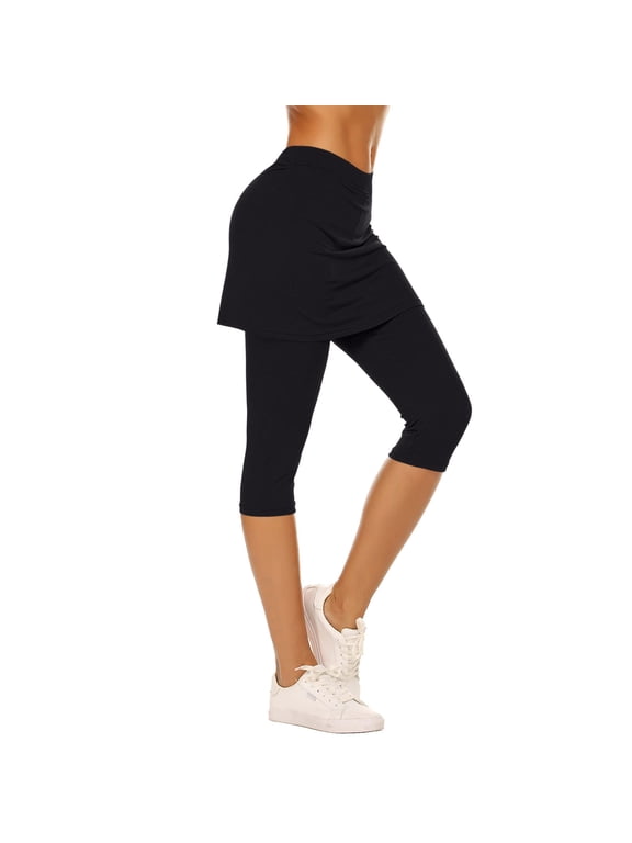 Skirted Leggings for Women Tennis Golf Skorts Capris Gym Yoga Legging with Skirts for Running Workout Active Black XXL