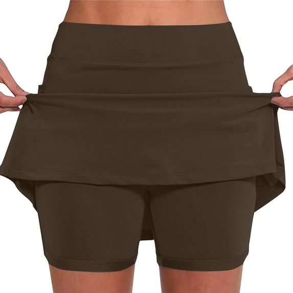 Bloomae Skorts for Women with Pockets Plus Size Elastic High Waist Tummy Control Athletic Skorts Dressy Casual Tennis Golf Skorts for Summer Activewear Mini Skirts Brown#08 L