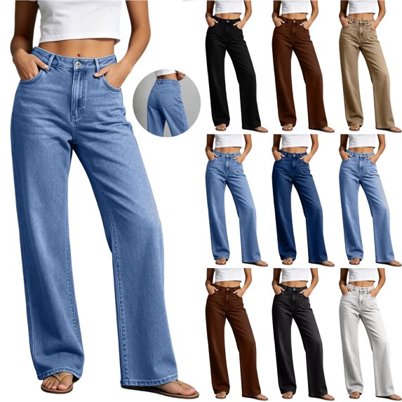 Bloomae Straight Leg Jeans for Women Stretch Button Front High Waisted Casual Washed Vintage Loose Fit Boyfriend Jeans Denim Pants with Pockets