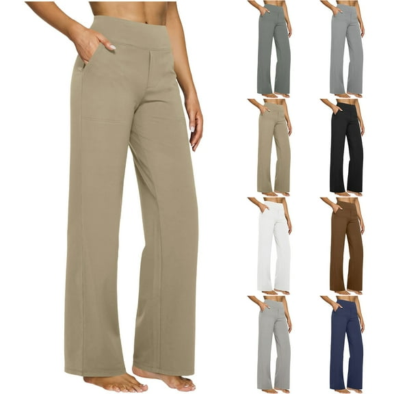 Bloomae Straight Leg Yoga Pants Women High Waisted Soft Stretchy Leggings with Pockets Loose Comfy Business Office Dress Work Slacks Comfy Stretch Trousers Beige XXL
