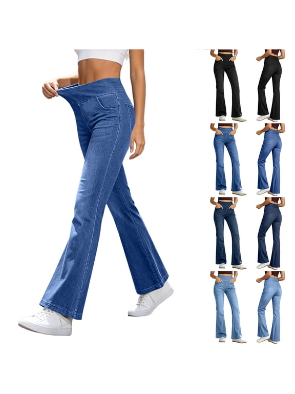 Stretchy Bell Bottom Jeans for Women Trendy Pull On Bootcut Flare Jean Leggings Jeggings High Waist Tummy Control Wide Leg Denim Pants with Pockets