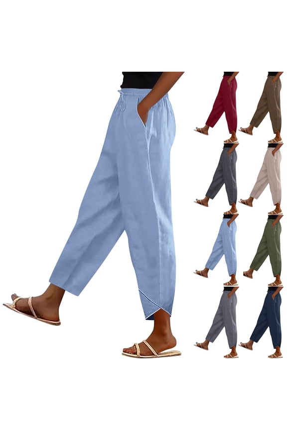 Summer Casual Pants for Women Linen Flowy Wide Leg Drawstring Cropped Tulip Pant Side Slit Lounge Palazzo Ankle Trousers with Pockets