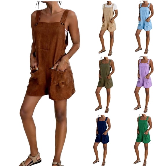 Bloomae Summer Cotton Linen Rompers for Women Lightweight Casual Loose Short Overalls Adjustable Shoulder Straps Shorts Overall with Pockets Brown L