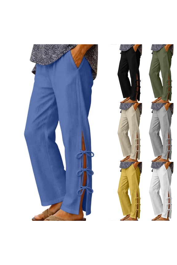 Summer Womens Pants Lightweight Casual Drawstring Elastic Waist Lounge Trousers Trendy Side Tie Knot Split Slit Palazzo Pants with Pockets