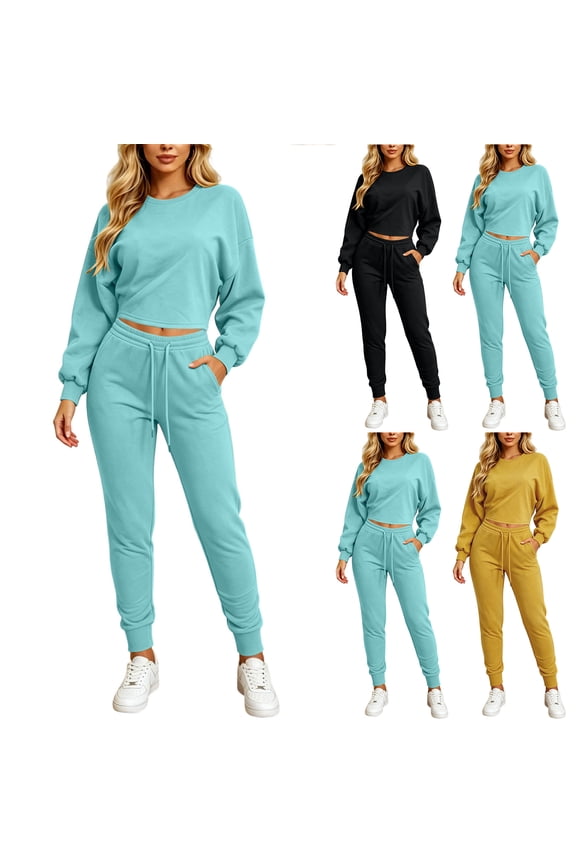 Sweatsuits Women 2 Piece Outfit Matching Lounge Sets Fall Outfits Fashion Long Sleeve Basic Solid Color Crewneck Pullover Sweatshirts and Loose Jogger Sweatpants Track Suits