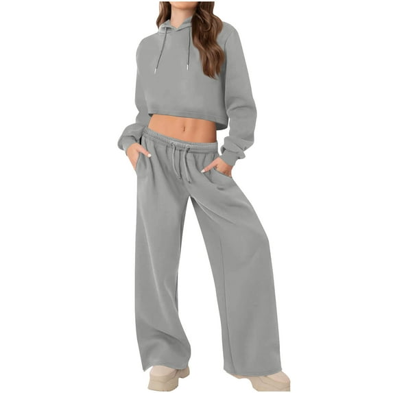 Bloomae Sweatsuits for Women Set 2 Piece Tracksuits Outfits Casual Fall Drawstring Long Sleeve Crop Hoodie and Elastic Waist Baggy Jogger Pants Matching Sets Gray L