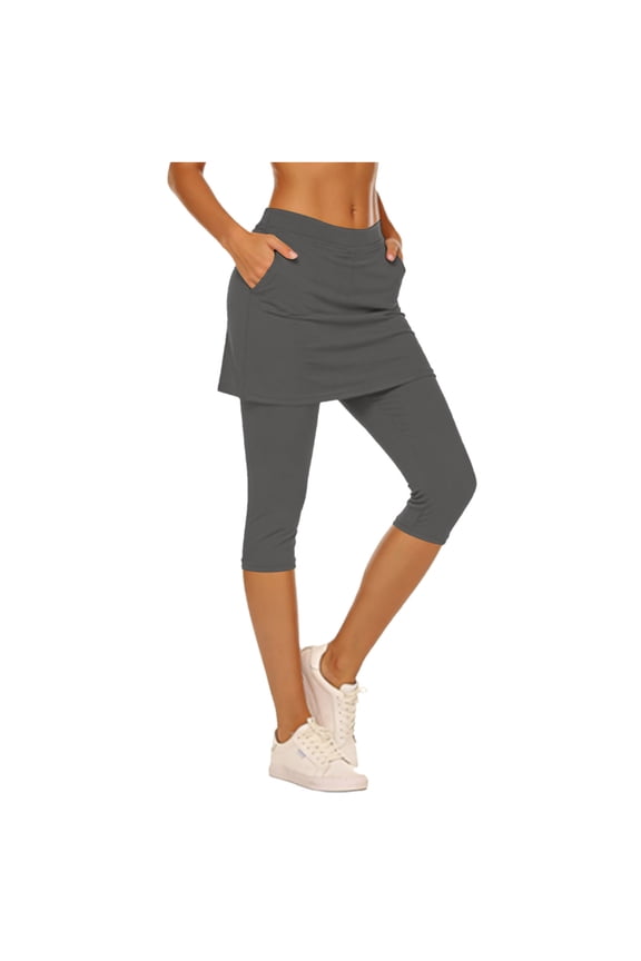 Tennis Skirted Leggings for Women Athletic Skirt with Capri Leggings Elastic Waist Workout Gym Golf Pickleball Yoga Legging with Skirts Pockets Gray L