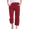 thumbnail image 1 of Bloomae Textured Capri Pants for Women 2025 Casual Summer Cotton Linen Capris Drawstring Elastic High Waist Pants Wide Leg Cropped Trouser with Pockets Wine L, 1 of 6
