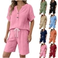 thumbnail image 1 of Bloomae Textured Knit Short Sets for Women 2 Piece Summer Short Sleeve Button V Neck Shirt Drawstring Waist Short Pants Matching Lounge Set Beach Loose Casual Vacation Outfits, 1 of 6