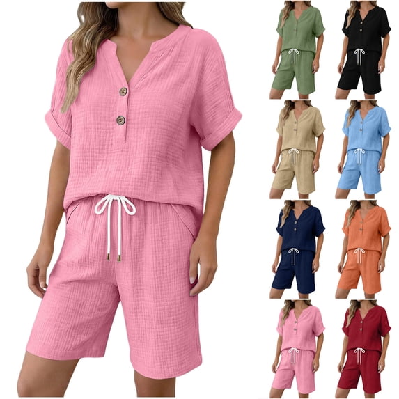 Bloomae Textured Knit Short Sets for Women 2 Piece Summer Short Sleeve Button V Neck Shirt Drawstring Waist Short Pants Matching Lounge Set Beach Loose Casual Vacation Outfits