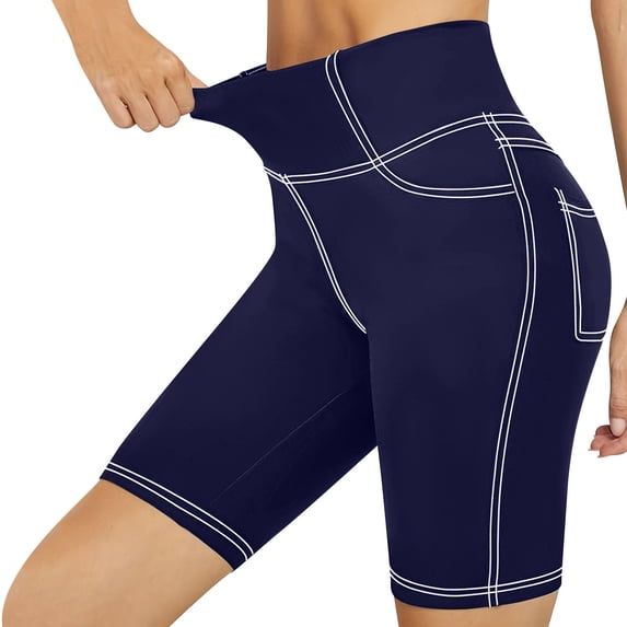 Bloomae Tummy Control Biker Shorts Women with Pockets Butt Lifting Workout Spandex Booty Gym Shorts High Waisted Yoga Running Compression Shorts Navy XXL