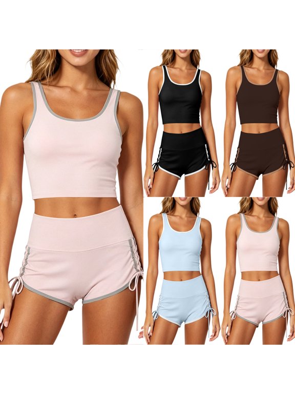 Two Piece Casual Workout Sets for Women Athletic 2 Piece Summer Sleeveless Crop Tank Tops and Adjustable Side Ties Booty Yoga Shorts Outfits Lounge Matching Workout Stretch Shorts Set