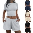 thumbnail image 1 of Bloomae Two Piece Jogger Sets for Women Summer Crew Neck Lounge Short Sets Short Sleeve Crop Tops and Drawstring Elastic Waist Short Pants Vacation Outfits with Pocket Gray XL, 1 of 7