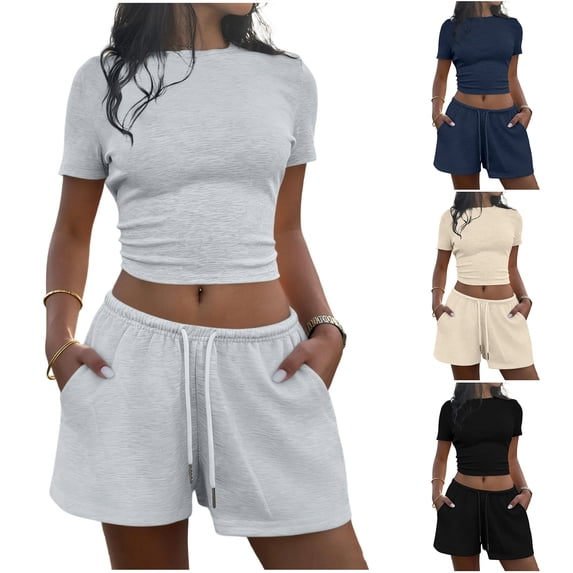 Bloomae Two Piece Jogger Sets for Women Summer Crew Neck Lounge Short Sets Short Sleeve Crop Tops and Drawstring Elastic Waist Short Pants Vacation Outfits with Pocket Gray XL