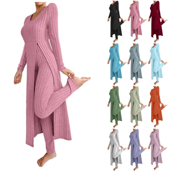 Bloomae Two Piece Knit Loungewear Sets for Women Casual Ribbed Knitted High Side Slit Long Tunic Sweater Tops and Pants Trendy Cozy Knitwear Outfit Clothes
